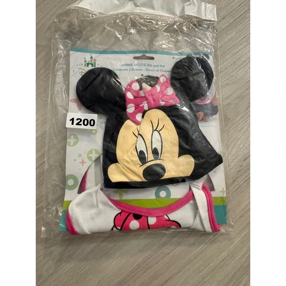 Disney Minnie Mouse Baby Bib and Hat Set Black Pink White New